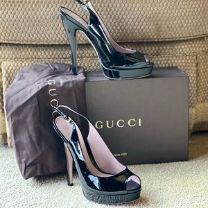 New in box ~ Gucci platform peep toe sling backs size 39.5 /8.5 Black patent